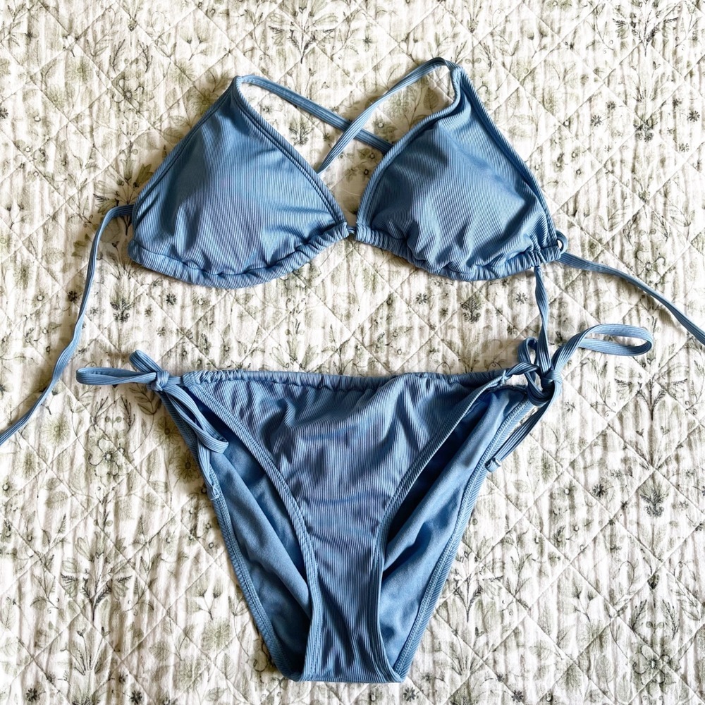Shade & Shore Dusty Blue Ribbed Triangle Bikini Set Side Tie Two Piece Swimsuit